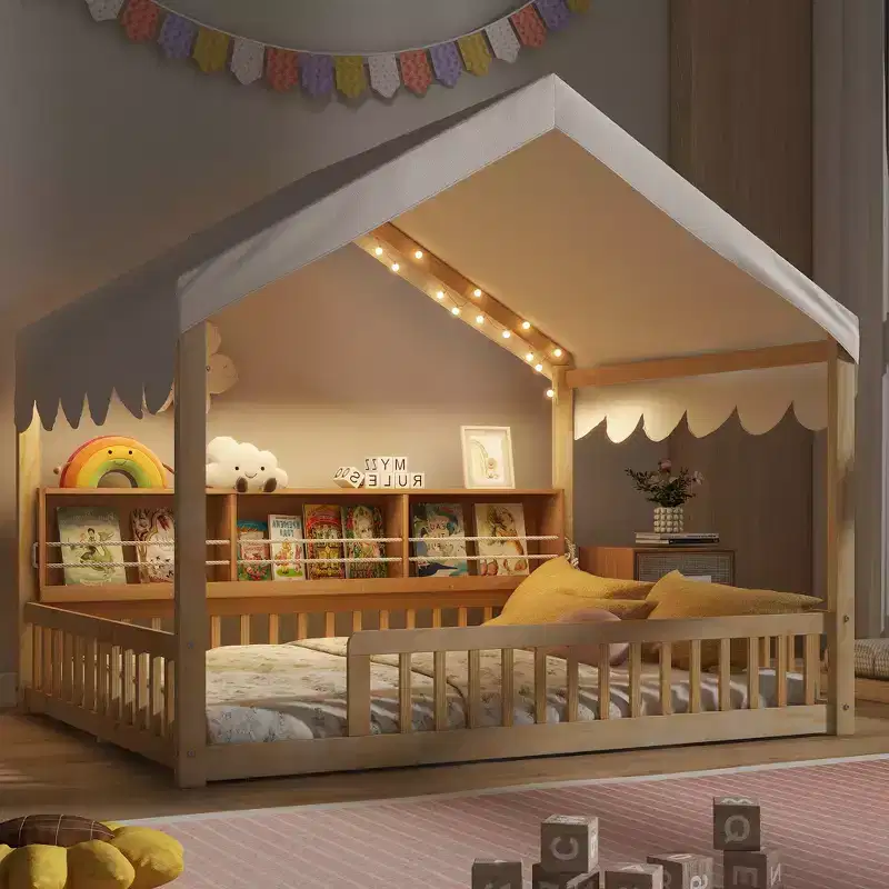Full Size Floor Bed with LED Light, Wooden House-Shaped Floor Bed with Storage Bookshelves Fense and Curtain for Boys Girls