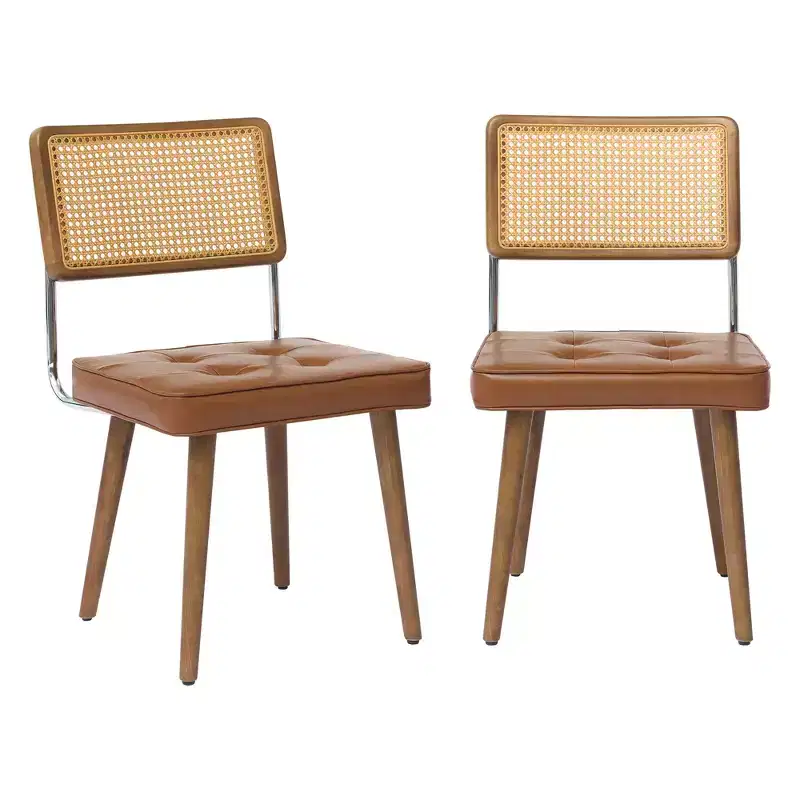 Natural Rattan Dining Chairs Set of 2, Linen Upholstered Kitchen Chairs with Tall Cane Backrest for Dining Room, Kitchen, Restaurant, Beige