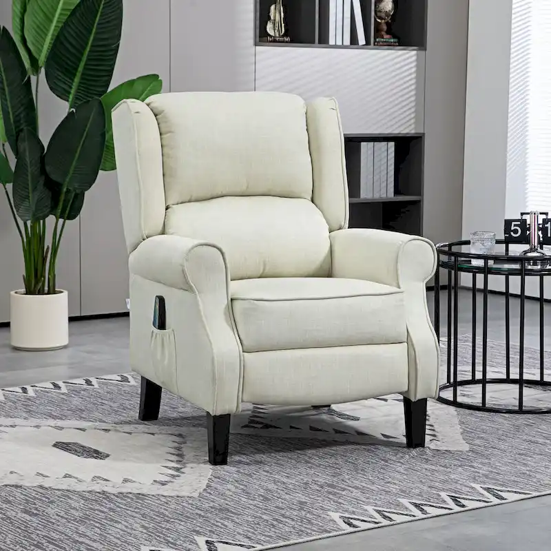 White Linen Wingback Recliner with Vibration Massage, Heat, Footrest