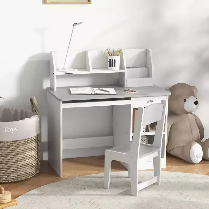 Whisen Kids Desk and Chair Set with Storage, Study Desk with Chair for Children 5-8 Years Old, Gift for Kids - Gray