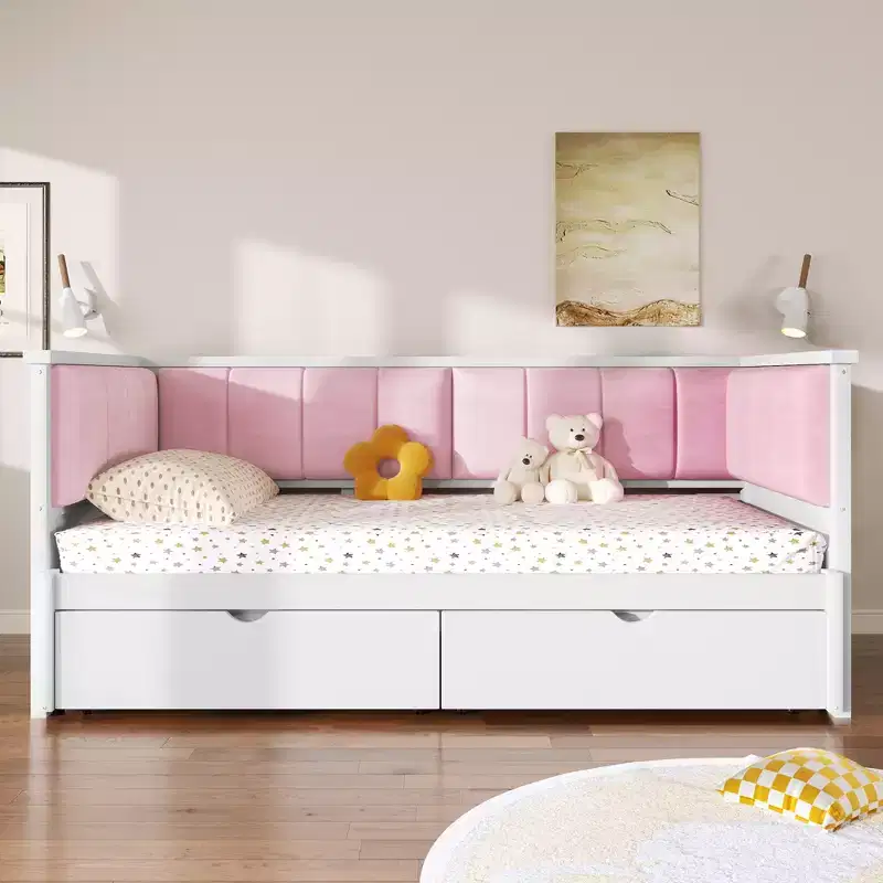 ModernLuxe Twin XL to King Size Expandable Daybed with 2 Drawers, Upholstered Backrest Platform Bed with Pull-Out Trundle, White+Pink