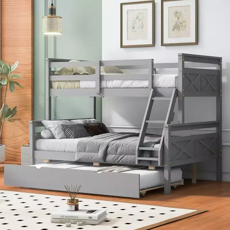 Twin over Full Bunk Beds with Trundle, Solid Wood Bunk Bed Frame with for Kids Teens Adults, Can be Convertible to 2 Beds