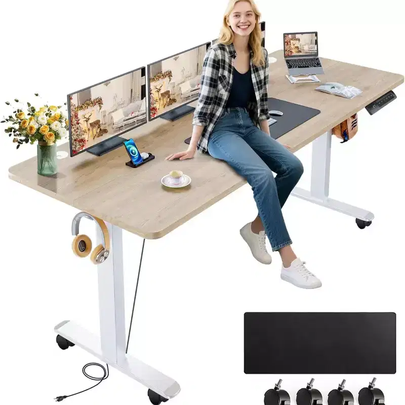 Electric Standing Computer Desk, Adjustable Height 63x24 with Outlet, Rolling Wheels, Dual-Beam Frame, Mouse Pad