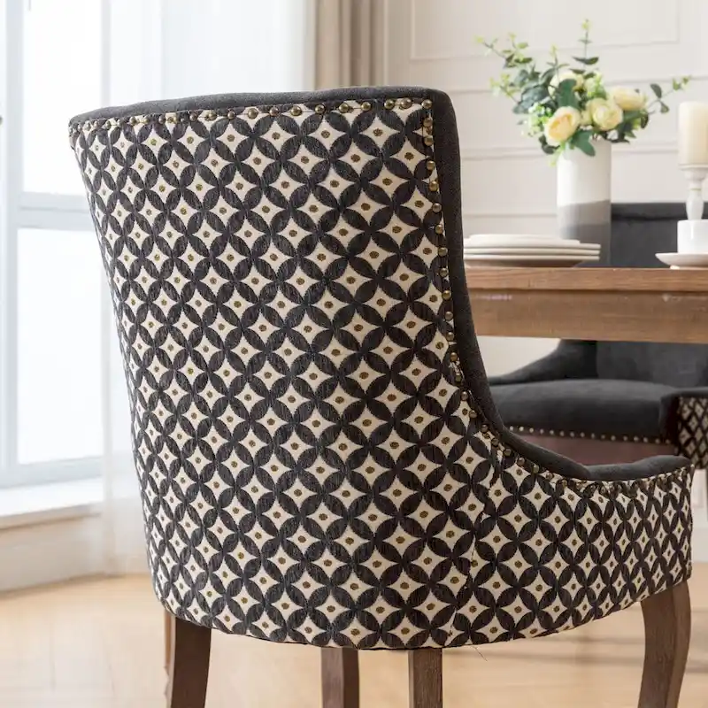 Ultra Side Dining Chair, Thickened fabric chairs with neutrally toned solid wood legs, Bronze nail head, Set of 2