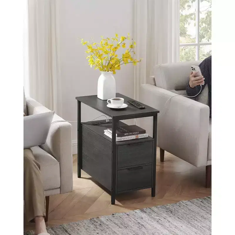 Side Table with Charging Station, Narrow End Table with 2 Drawers, Slim Nightstand and Bedside Table with Storage