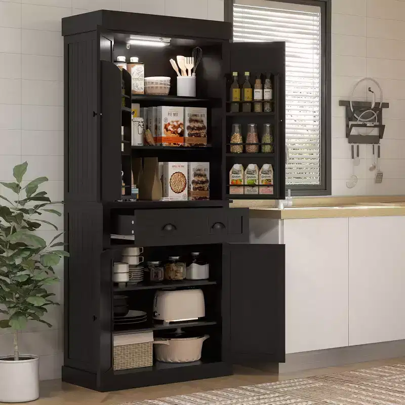 HOMCOM 71 LED Kitchen Pantry Cabinet, Tall Storage Cabinet with 6 Door Shelves, a Drawer and 4 Adjustable Shelves