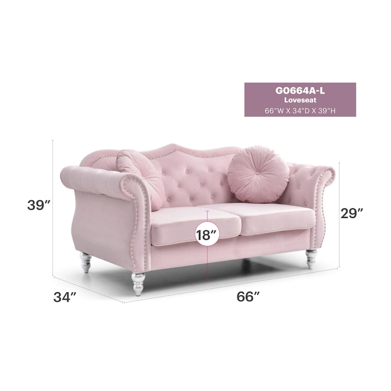 Hollywood 68 in. Velvet Chesterfield Loveseat with 2-Throw Pillow - 68L x 35W x 34H
