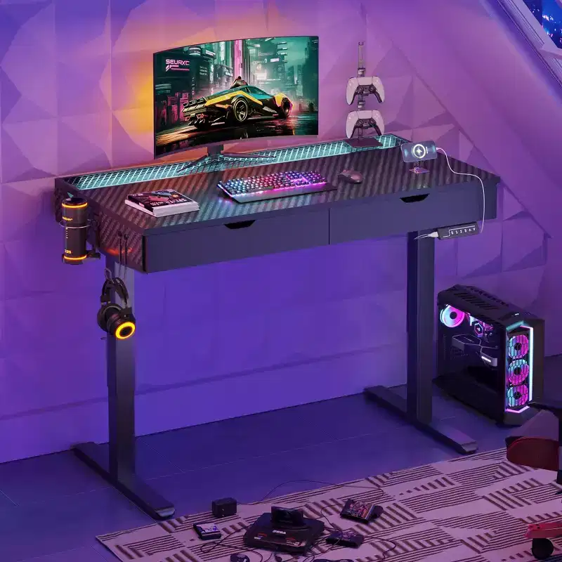 47 Inch Electric Standing Desk with 2 Drawers & LED Light for Home Office, Height Adjustable Computer Desk, Gaming Table with USB Charging
