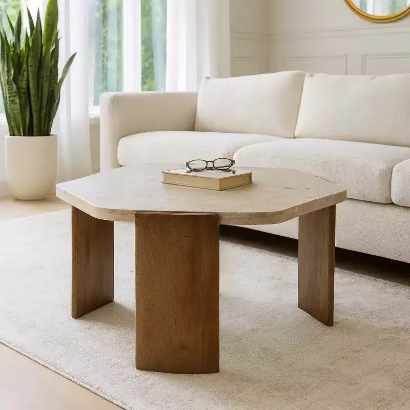 Sleek Octagon Coffee Table - Stone & Mango Wood, Brown