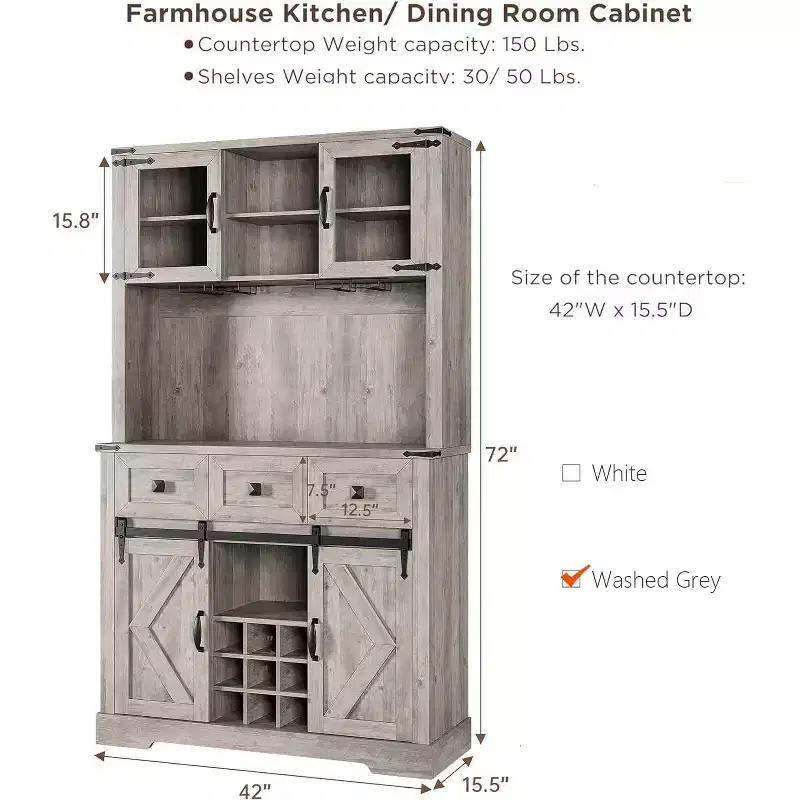 72 in Farmhouse Bar Cabinet with Sliding Barn Door, Tall Kitchen Buffet with 3 Drawer, Rustic Coffee Wine Bar Sideboard with Wine & Glasses Rack