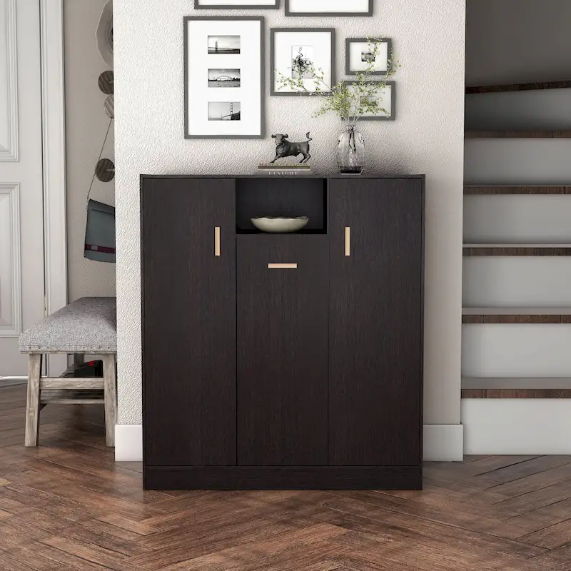 Modern 32-Inch Shoe Cabinet with Adjustable Shelves and Metal Handles