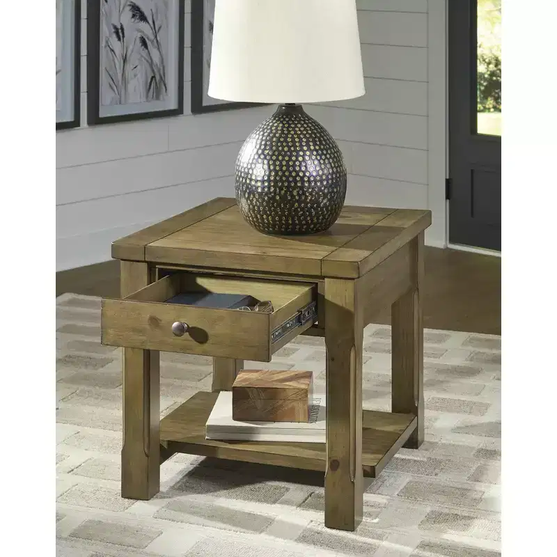 Rectangular End Table with Drawer and Lower Shelf Medium Brown Finish