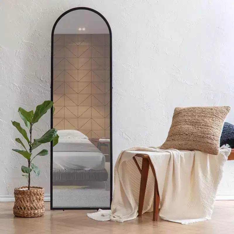 Black Arched Mirror: 60-in Modern Floor, Metal Frame, Freestanding, 18-in Wide