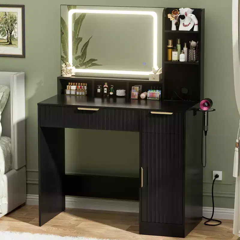 Besiost Vanity Desk with Mirror and 3 Color Lights, Makeup Vanity Desk with Drawers