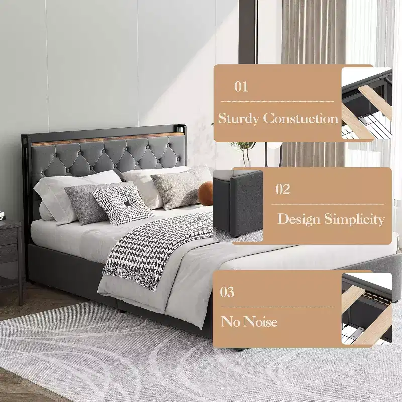 Queen Bed with Upholstered, Bed Frame with Charging Station & 4 Storage Drawers, Wood Slat Support, No Box Spring Needed, Light Grey (Queen)