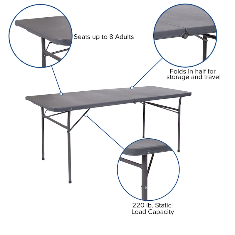 30W x 72L Bi-Fold Plastic Banquet and Event Folding Table with Carrying Handle - 72D x 30W x 29H