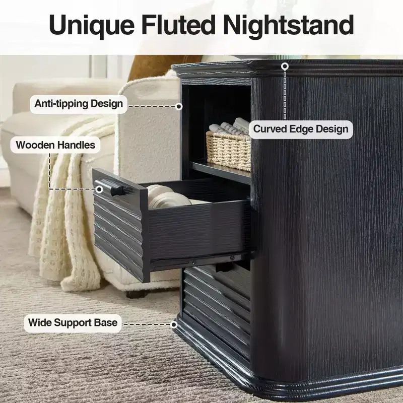 Fluted Nightstand with Built-In Charging Station - 2 Drawers, Open Shelf, USB & Type-C Ports