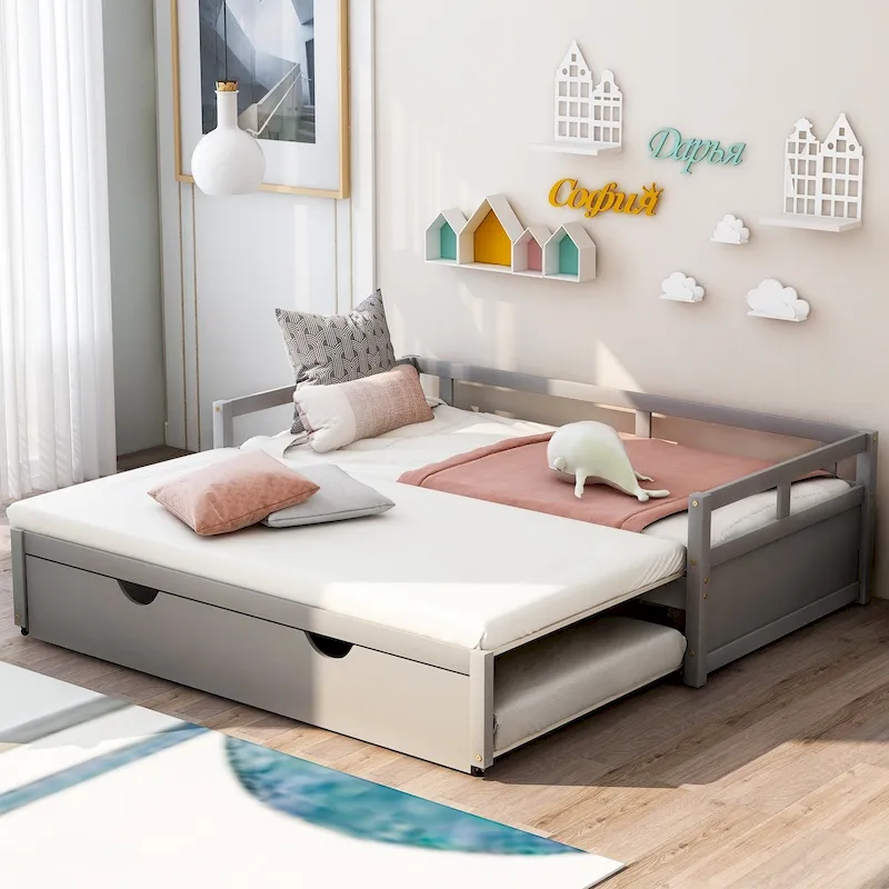 Grey Extendable Twin Pine Daybed with Trundle - Sturdy Frame and Slat Kit Included