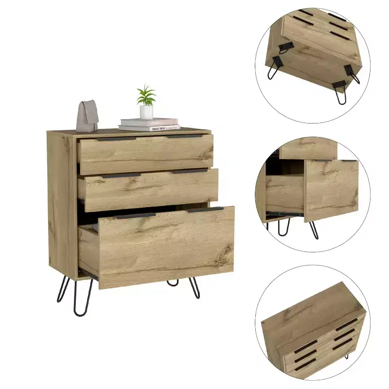Okak 3-Drawer Dresser Organized Storage, Robust Steel Legs, Sleek Compact Design with Durable Top for Home/Office