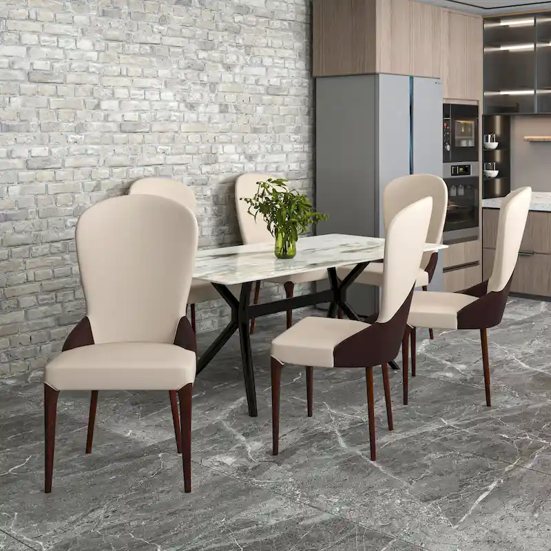 Leather Upholstered Solid Wood Dining Chair with Two-Tone Design