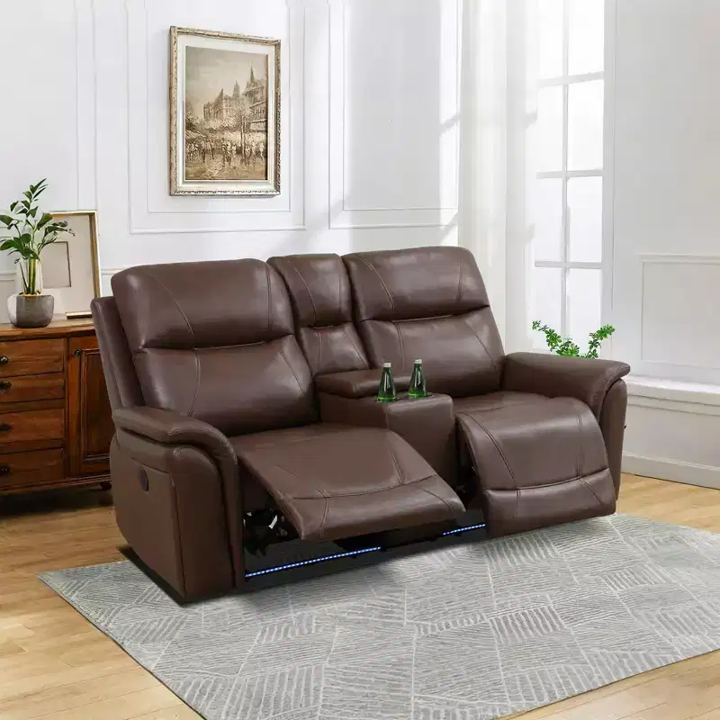 Power Reclining Loveseat, Electric 2-Seat Leather Recliner with USB Charging, Storage & Cup Holders, Reddish Brown