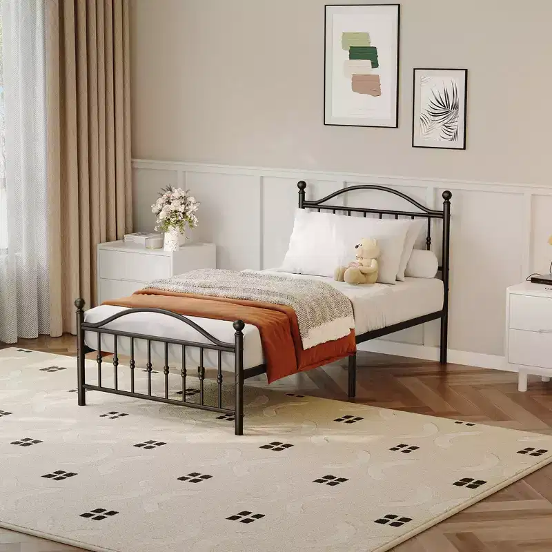 Metal Platform Bed Frame, Victorian Vintage Headboard & Footboard, Noise-Free Mattress Foundation with Steel Slat Support, No Box Spring Needed