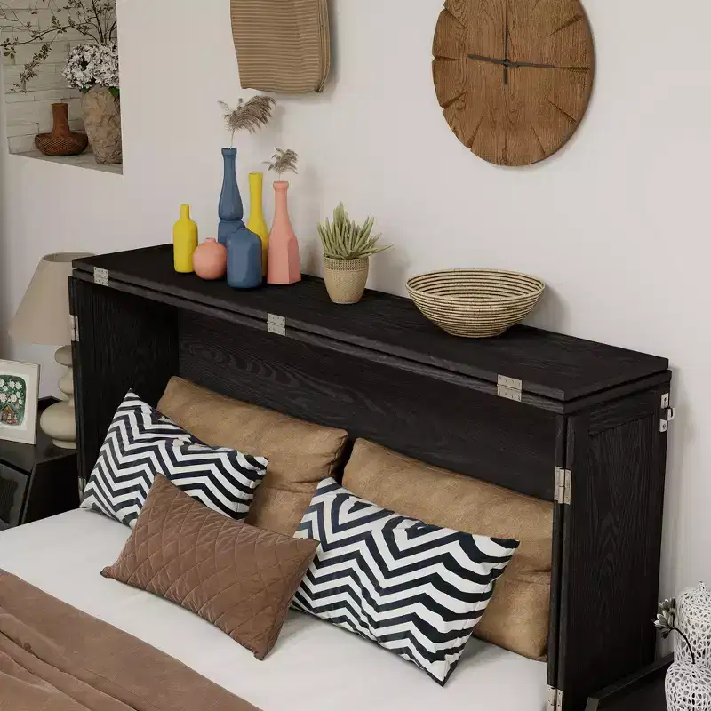 Solid Wood Frame Queen Murphy Bed Chest with Built-in Charger and Strong Drawer