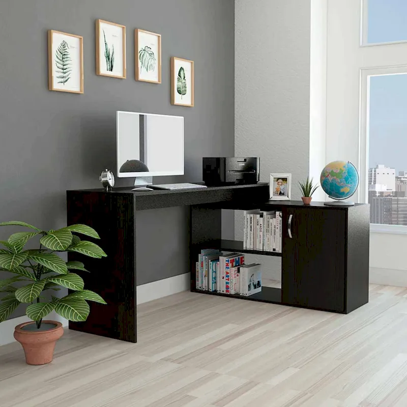 FM Furniture Dallas L-Shaped Home Office Desk, Two Shelves, Single Door Cabinet