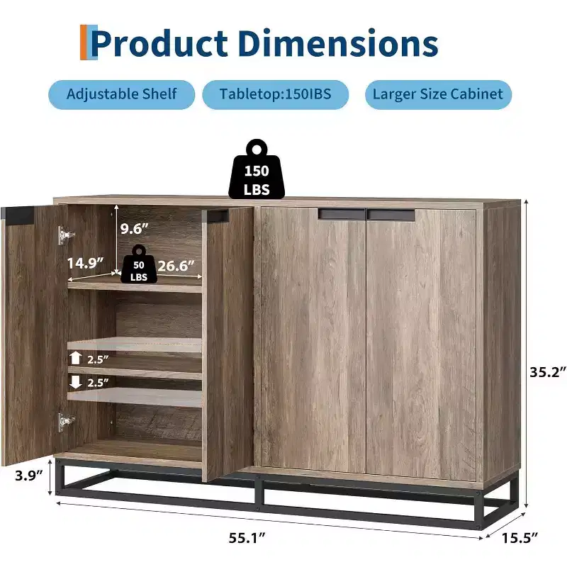 55 Modern Buffet Sideboard - Kitchen Storage Cabinet with 4 Doors & Adjustable Shelves for Dining Room