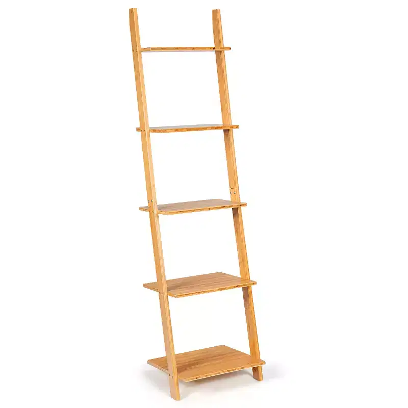 Costway 5-Tier Ladder Shelf Modern Bamboo Leaning Bookshelf Ladder Bookcase Open Display