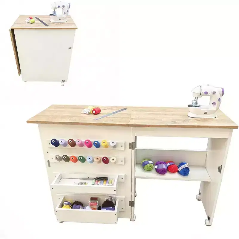 Folding Sewing Table, Multipurpose Sewing Machine Table with Compact Design, Wheels, Shelves, Storage Trays, Wooden Pegs, and Magnetic Doors