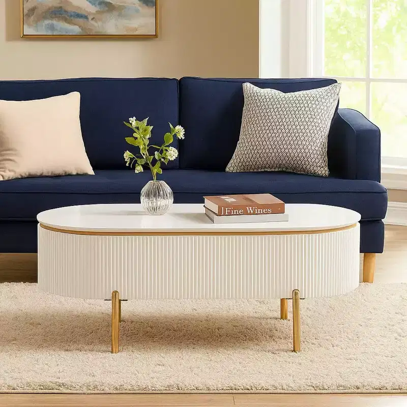 Royal Hampton Oval Coffee Table with Drawer, 47 Inch, Glossy White, Gold Metal