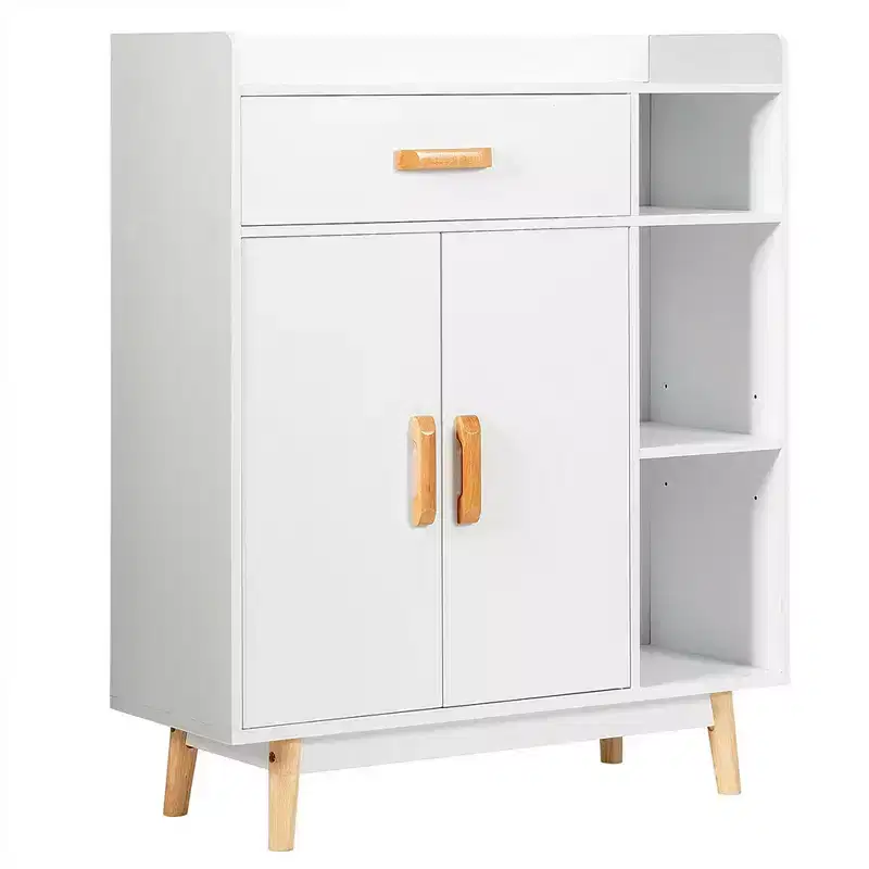 Floor Storage Cabinet Free Standing Cupboard Chest w/1 Drawer 2 Doors 3 Shelves