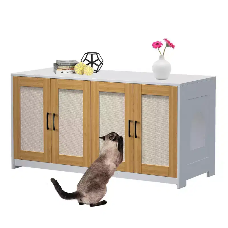 Double Cat Litter Box Enclosure 47 - 2 Cats Hidden Litter Furniture With Sisal Scratching Doors, Wood Cabinet For Indoor Cats