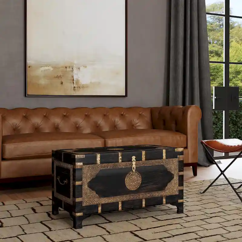Nador Hand-Painted Brass Inlay Storage Trunk Coffee Table
