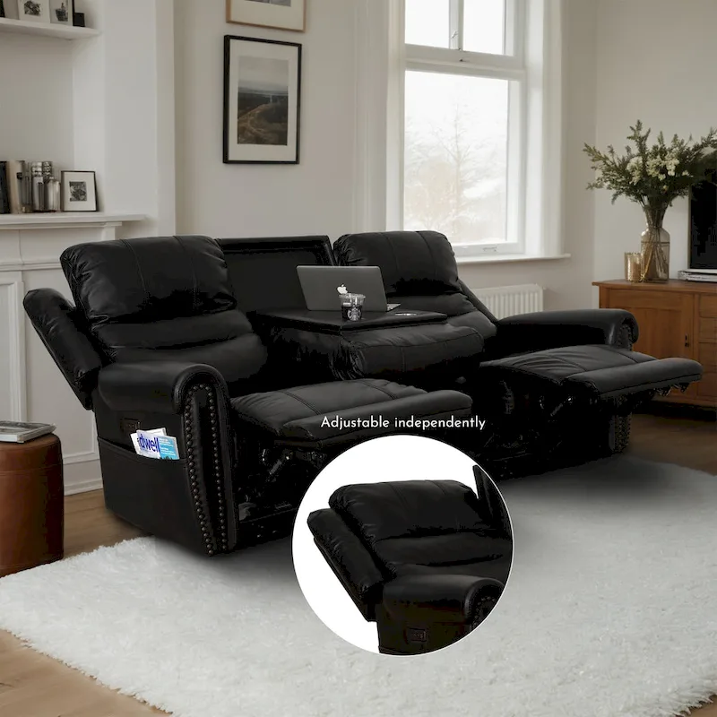 Genuine Leather Black Power Recliner Sofa, Loveseat, Recliner With Adjustable Headrest and Extendable Footrest