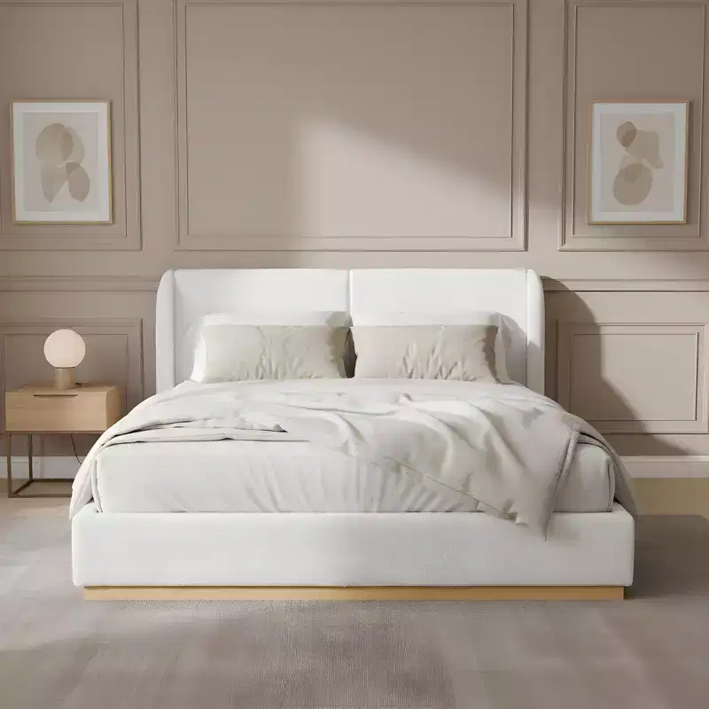 Wooden Boucle Upholstered Bed Frame with Enclosed Base and Headboard