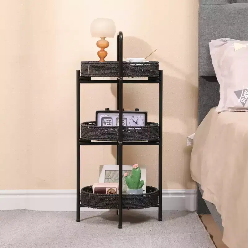 3 Tier Paper Rope Woven Tray Table Oval Storage Basket Shelves for Living Room Kitchen Black