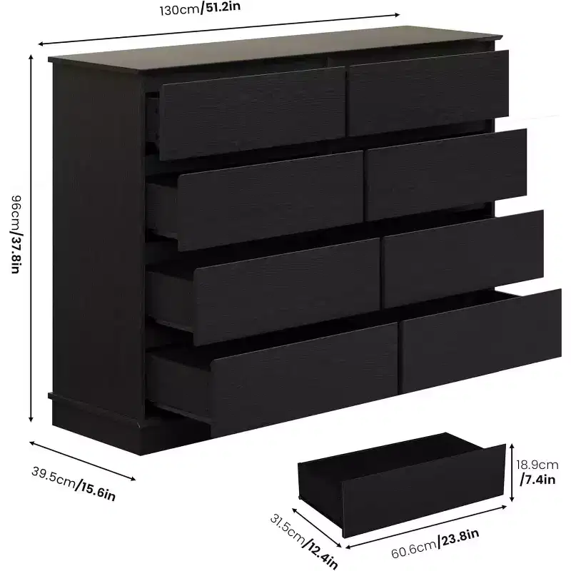 8 Drawer Dresser for Bedroom, Chest of Drawers with Deep Drawers, Horizontal Wooden Dresser for Living Room, Hallway, Kids Room