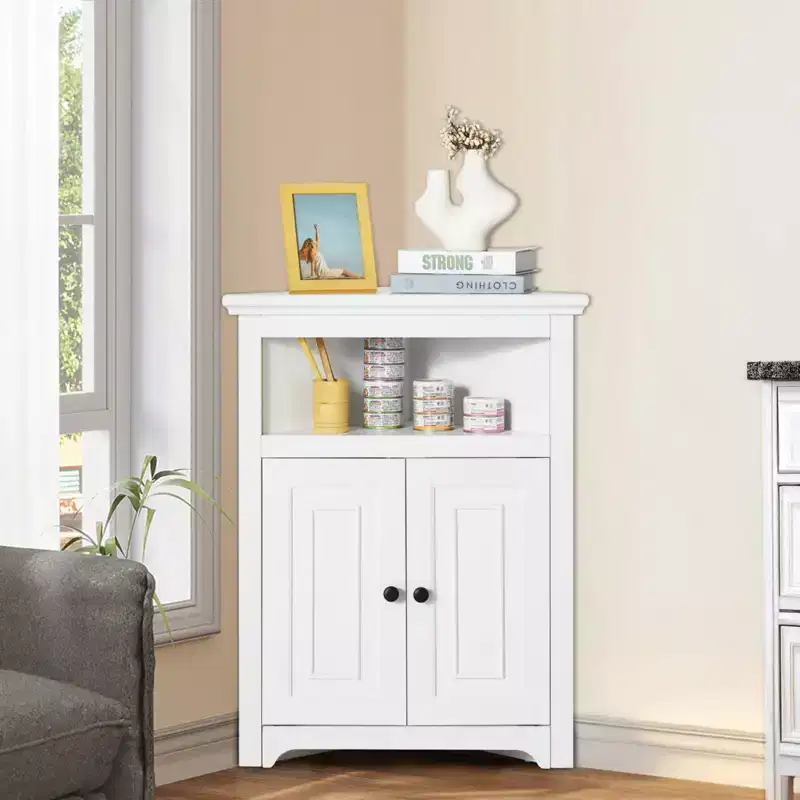 White 3-Tier Corner Storage Cabinet with 2 Doors – For 1 Person Assembly