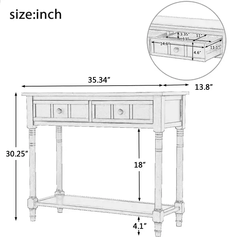 Traditional Entryway Console Table with 2 Drawers and Bottom Shelf, Solid Pine Wood