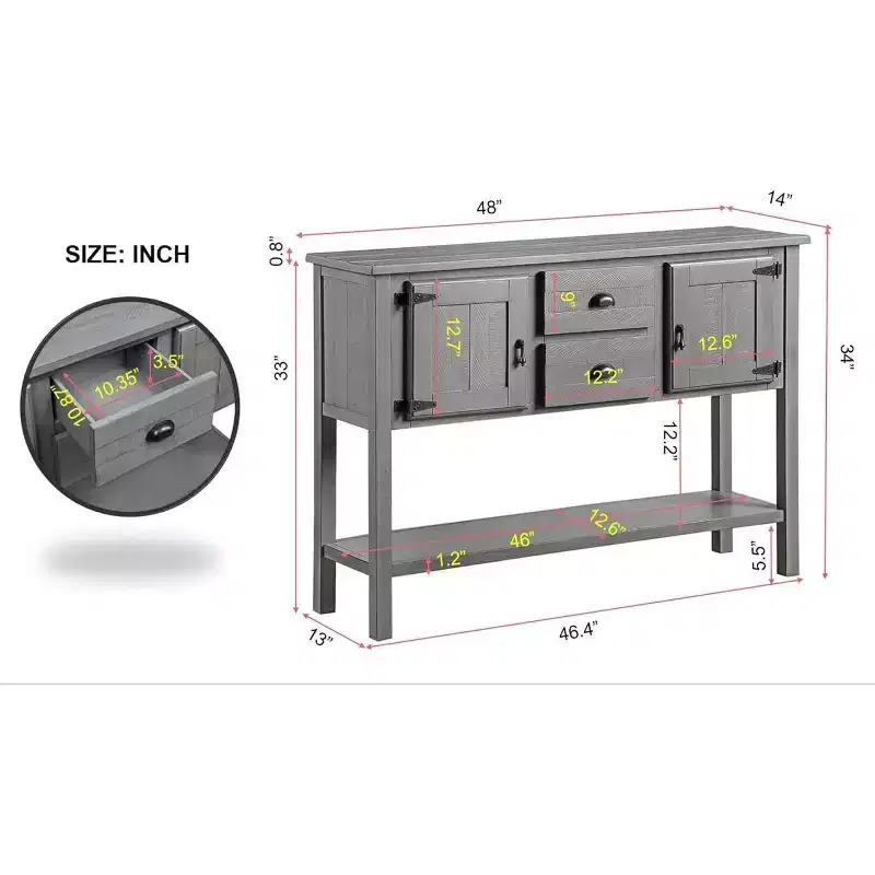48-Inch Farmhouse Style Console Table with Storage, Entryway Table Featuring 2 Drawers and Cabinets, Wood Sofa Table with Shelves, Grey
