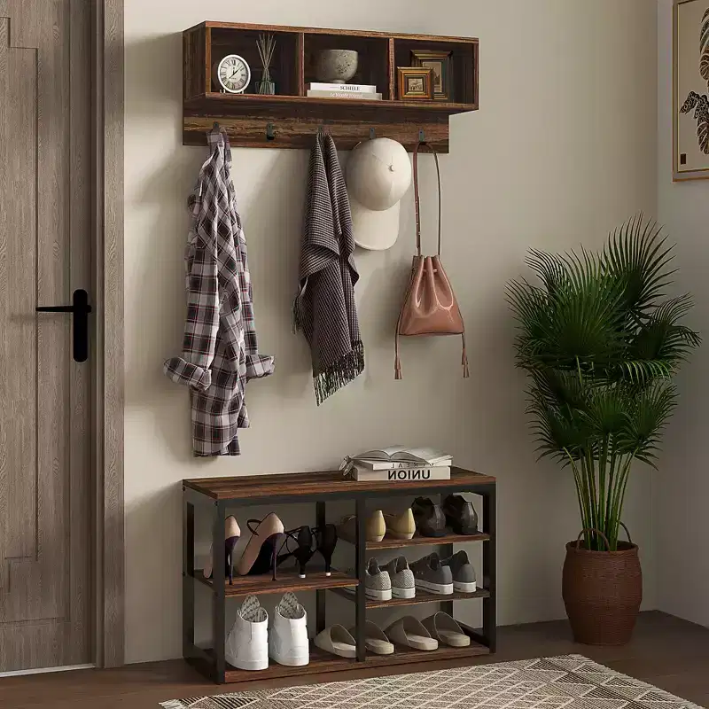 Hall Tree with 5 Hooks, Bench & Shoe Storage for Entryway – 2-in-1 Coat Rack