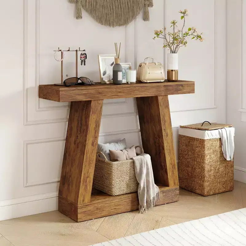 HOMCOM Farmhouse Console Table, 2-Tier Entryway Table with Storage and Thickened Tabletop for Hallway, Living Room, Behind Couch, Dark Brown