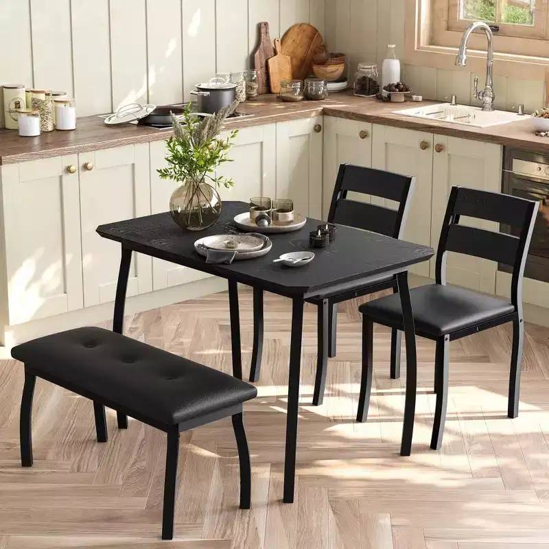 Coolmee Dining Table Set for 4, Kitchen Table with Upholstered Bench and 2 Chairs, 4 Piece Dining Furniture Set for Small Space, Apartment