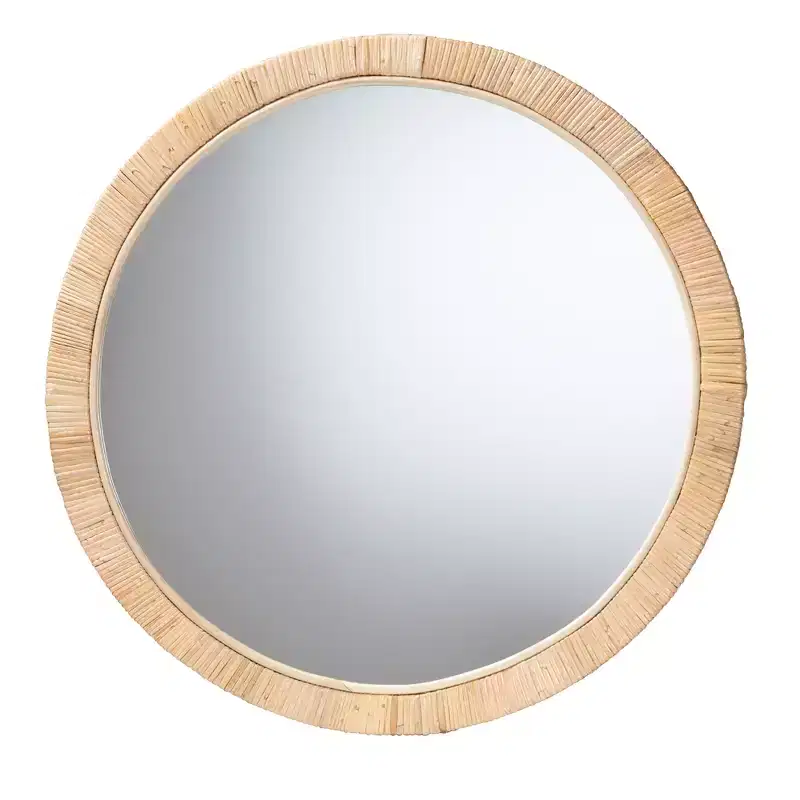 Modern Bohemian Round Wall Mirror, Natural Brown Mahogany Wood & Natural Rattan