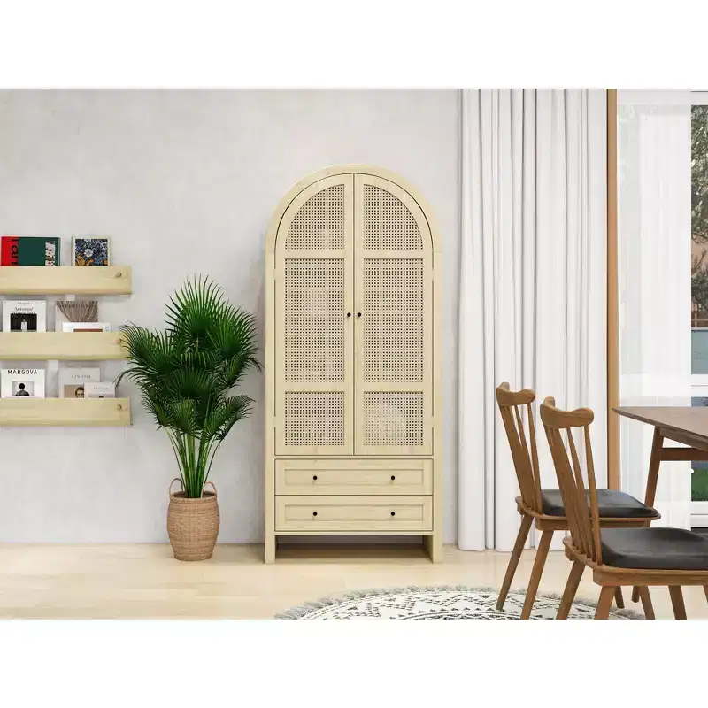 Arched Kitchen Pantry Cabinet, Tall Cabinet with 2 Drawer & Rattan Door, Versatile Cupboard for Living Room Dining Room, Natural