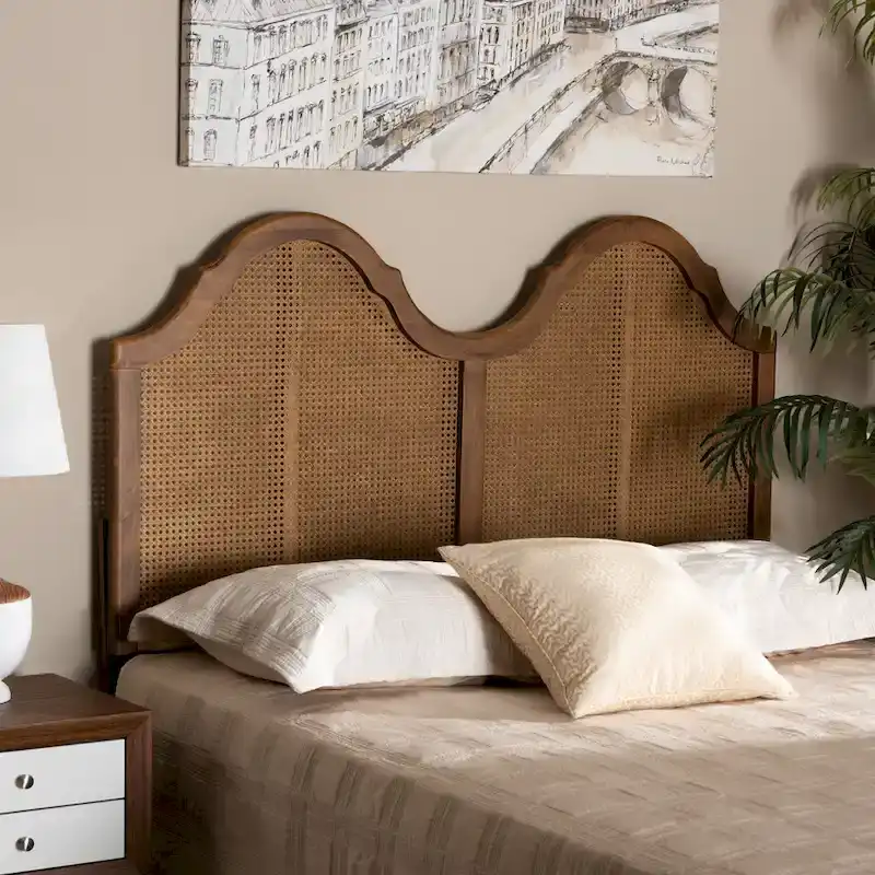 Ash Walnut Wood and Synthetic Rattan Arched Headboard