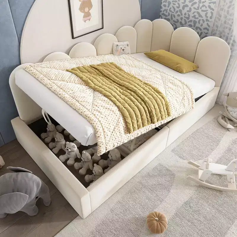 Twin Upholstered Platform Daybed with Hydraulic Storage & Metal Slatted Frame, Modern Single Bed for Bedroom, Kids Room