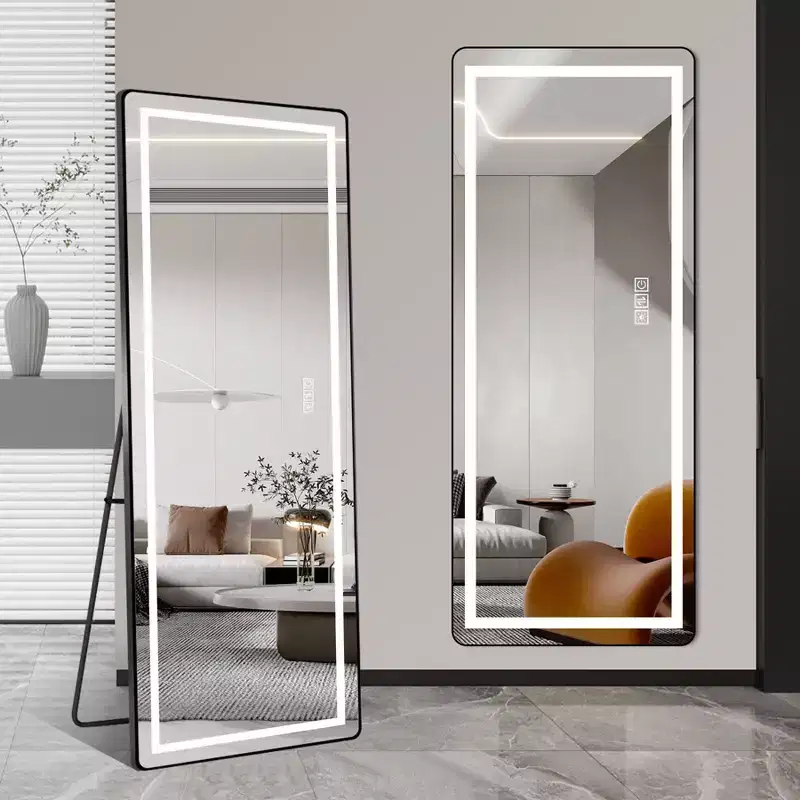 64 x 21 Inch Black Aluminum Alloy Thin Frame Full Length Mirror with LED Light, Illuminated Floor Mirror with Bracket for Bedroom